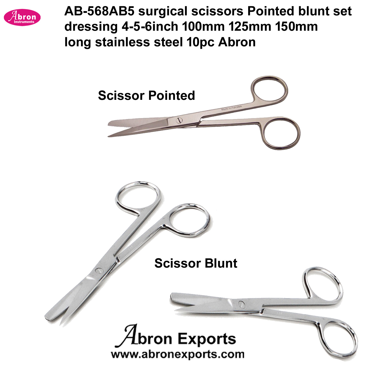 surgical scissors Pointed blunt set dressing 4-5-6inch 100mm 125mm 150mm long stainless steel 10pc Abron AB-568AB5 